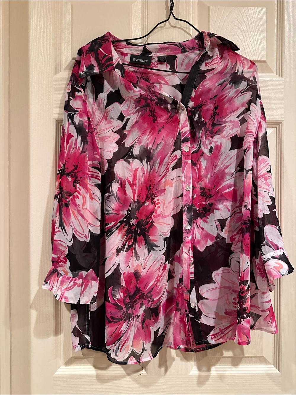 Avenue Black and Pink Floral Button-Down Blouse